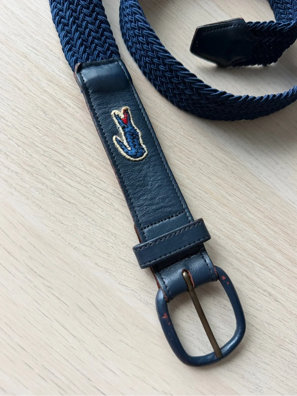 Lacoste Vintage Woven Stretch Belt Navy Leather Trim Brass Buckle Sz 38/95